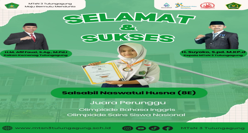 Selamat dan Bangga! ✨Salsabil Naswatul Husna Juara 3 dalam Olimpiade Sains Siswa Nasional (OSSN) bidang Bahasa Inggris